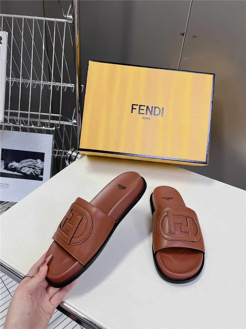 F**di ff baguette leather slides rubber brown