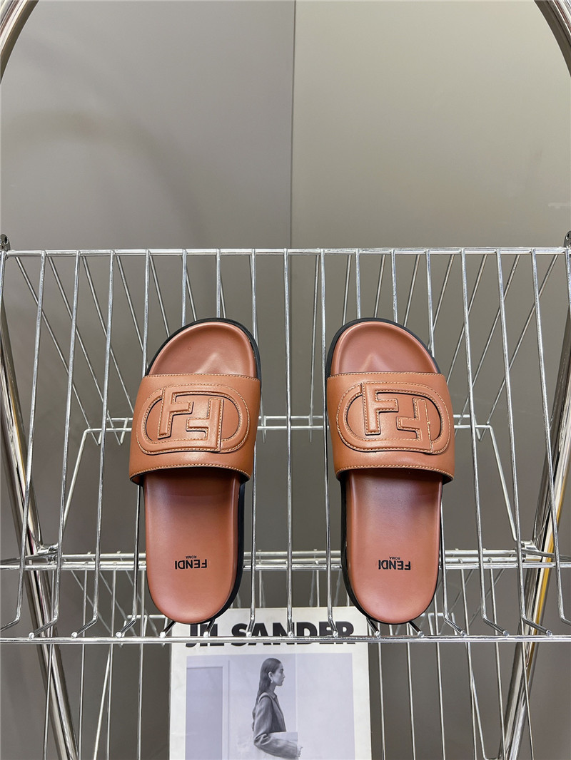 F**di ff baguette leather slides rubber brown