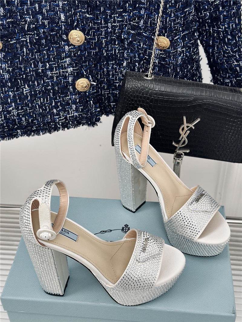 Pra*a silver satin platform sandals with crystal