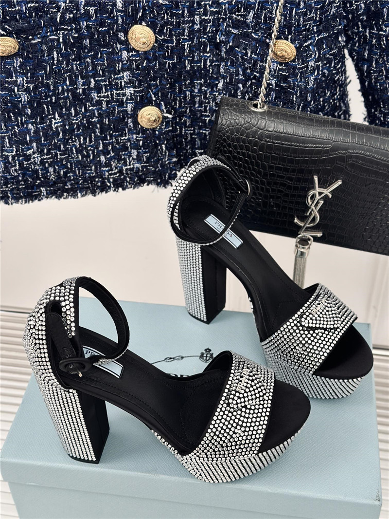 Pra*a black and silver satin platform sandals with crystal