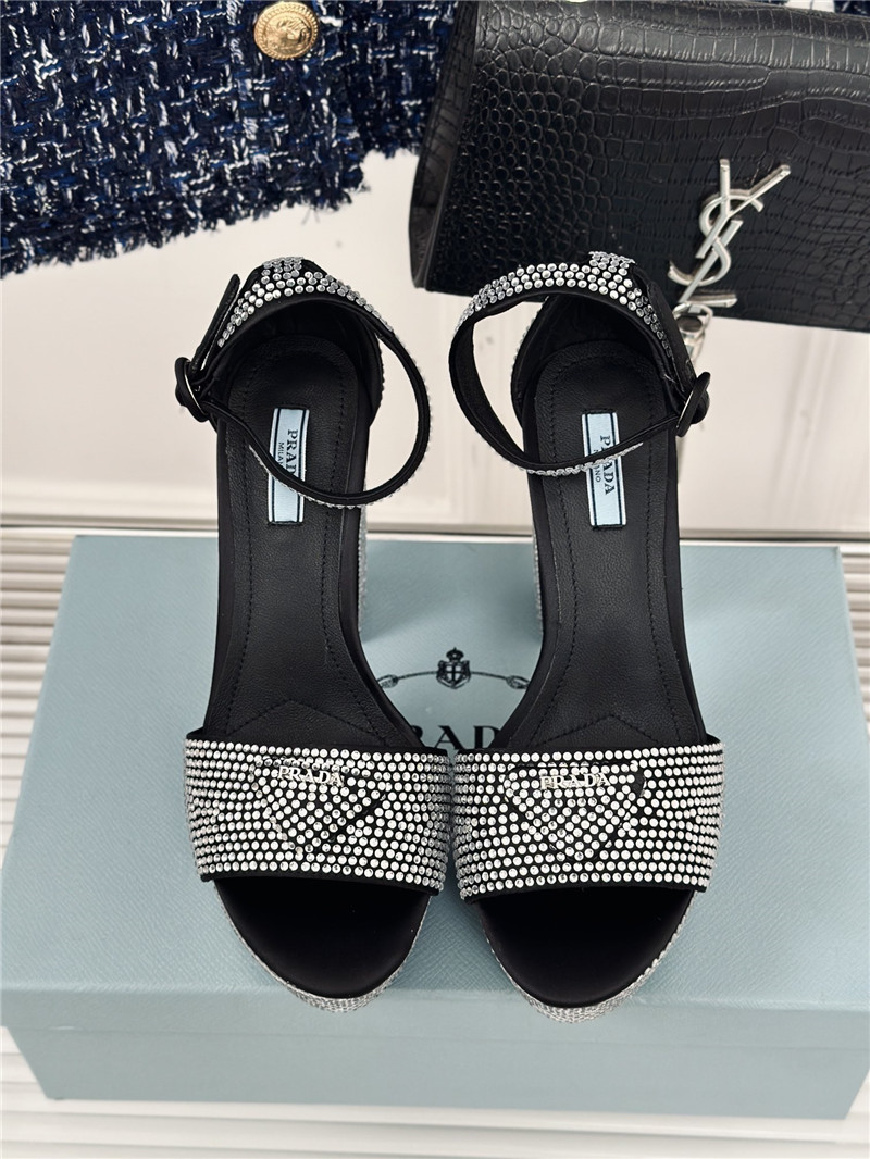 Pra*a black and silver satin platform sandals with crystal