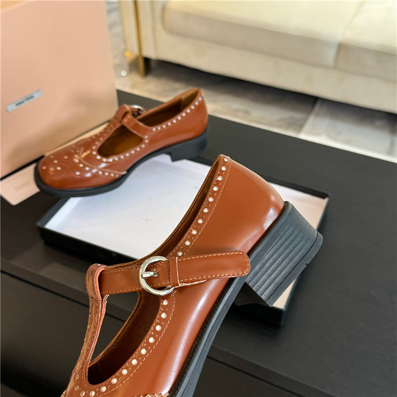 Miu Miu Tobacco Ivory Brushed Leather T-Strap Brogue Shoes