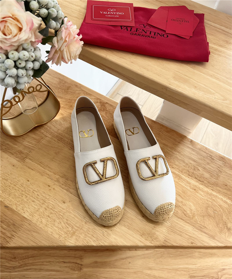 Va1e*ntin0 vlogo calfskin raffia espadrilles gold and  white