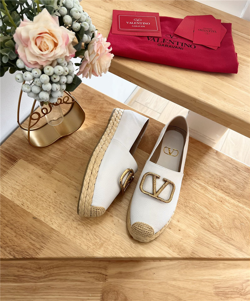 Va1e*ntin0 vlogo calfskin raffia espadrilles gold and  white