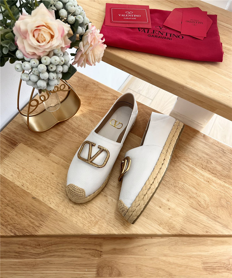 Va1e*ntin0 vlogo calfskin raffia espadrilles gold and  white