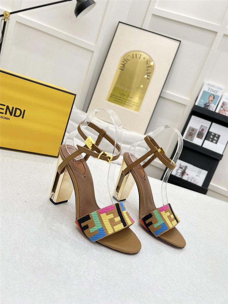 F**di delfina multicolor ff fabric high-heeled sandals beige