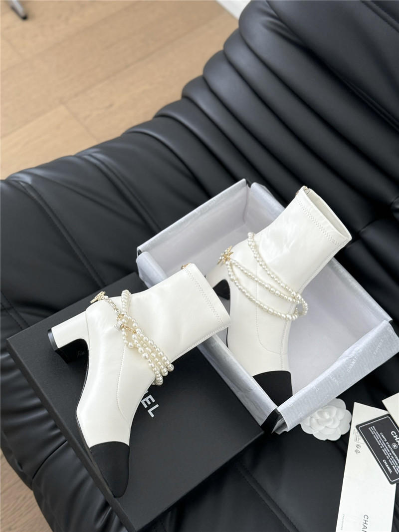 Ch**el white calfskin pearl ankle boots