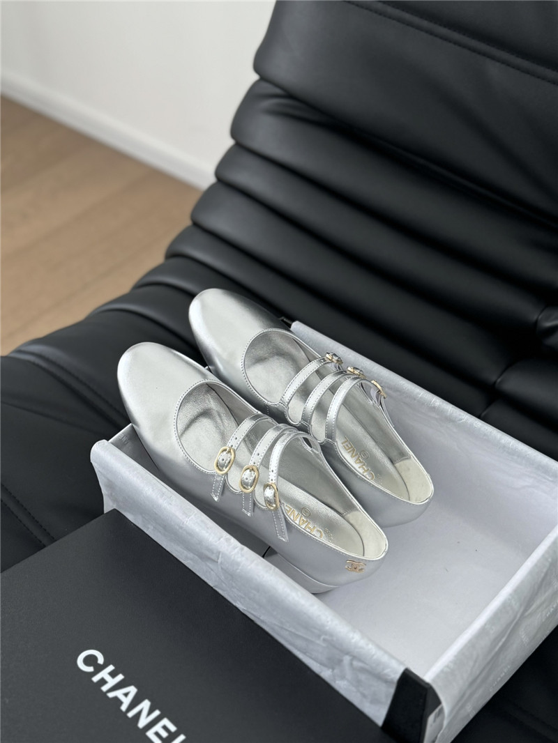 Ch**el silver calfskin 3-strap mary jane shoes