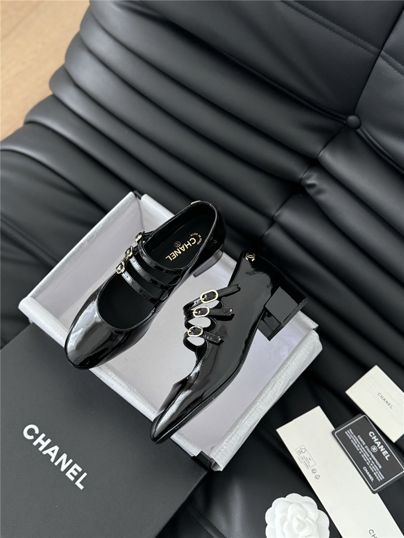 Ch**el black patent leather 3-strap mary jane shoes