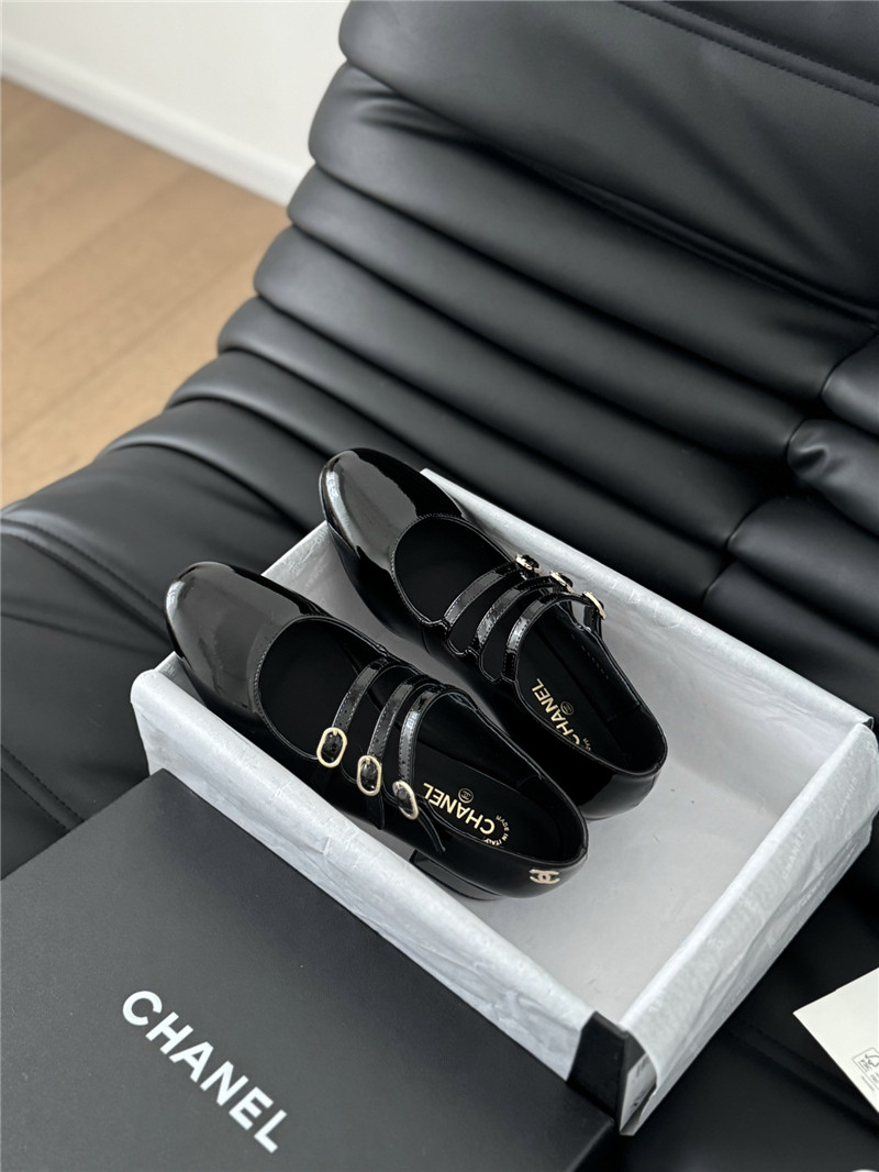 Ch**el black patent leather 3-strap mary jane shoes