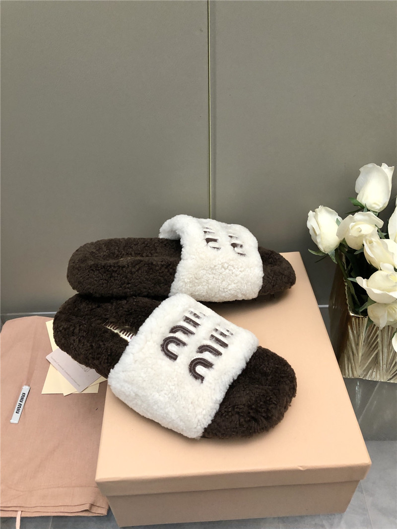 Miu Miu Lettering Logo Shearling Slides White and Brown