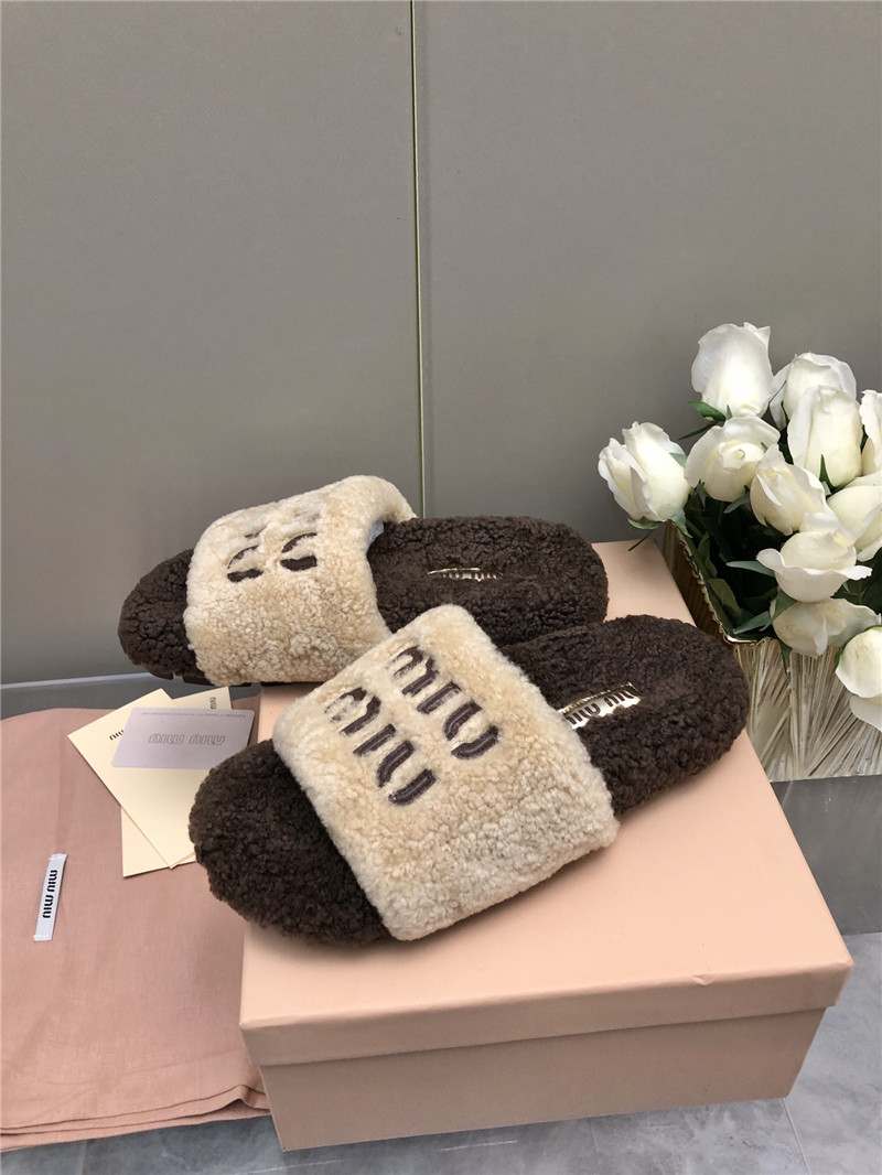 Miu Miu Lettering Logo Shearling Slides Natural and Brown