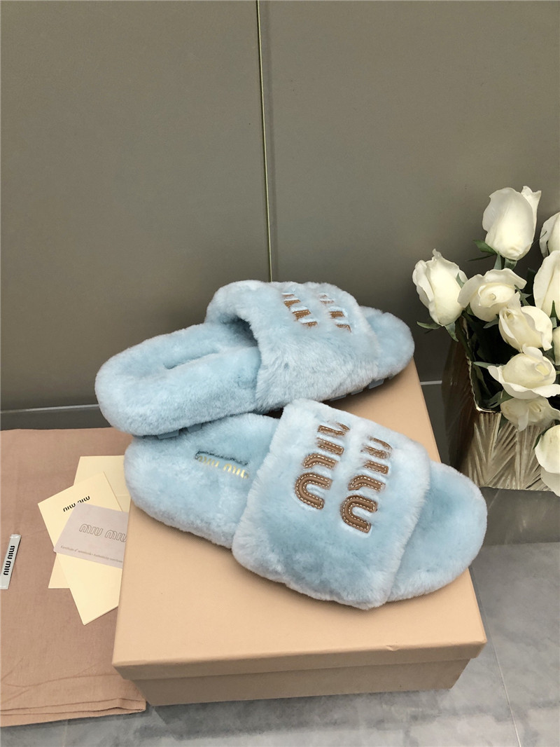 Miu Miu Lettering Logo Shearling Slides Blue