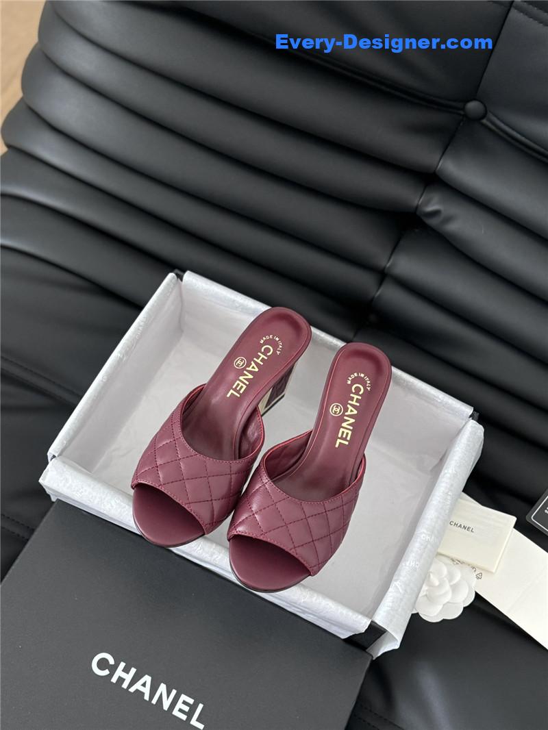 Ch**el burgundy lambskin quilted open toe mary jane mules