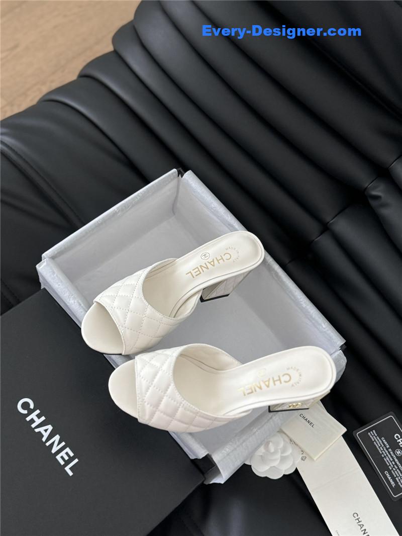 Ch**el white lambskin quilted open toe mary jane mules