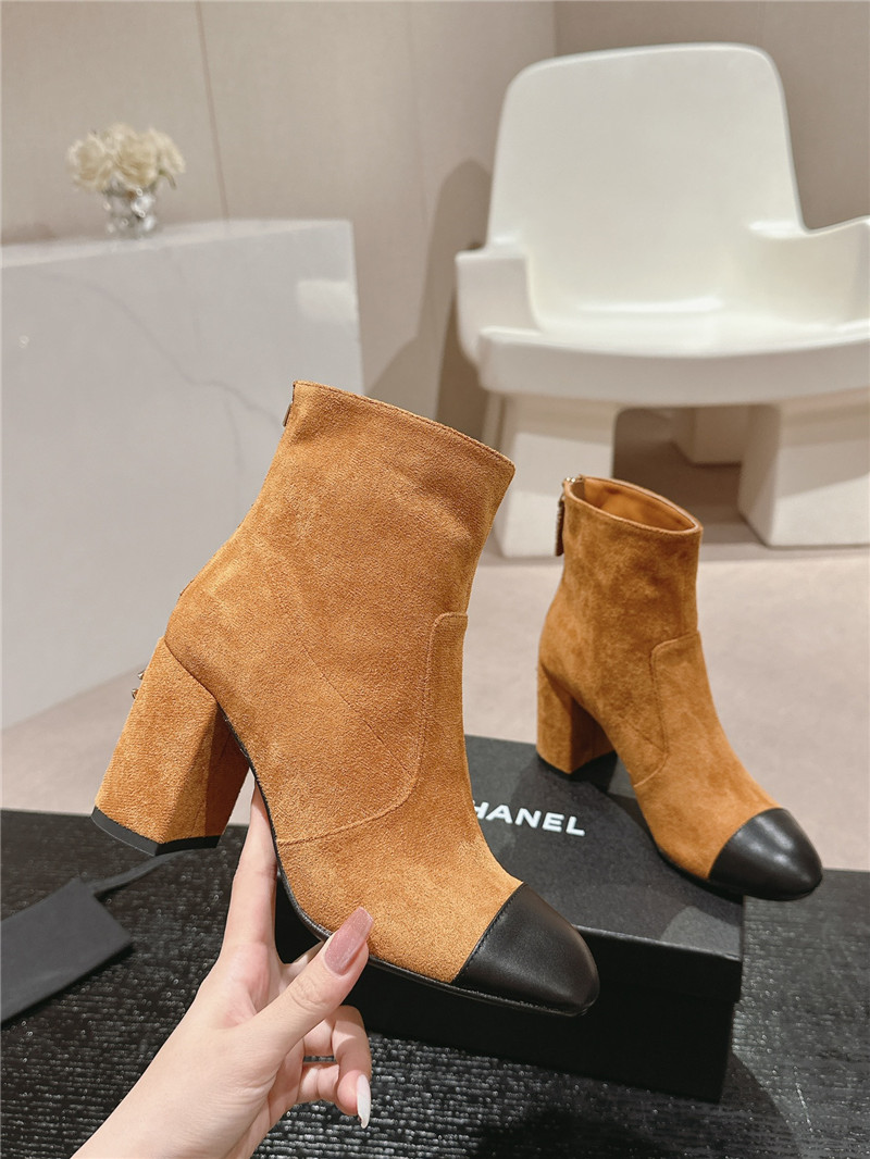 Ch**el brown suede calfskin block heel ankle boots
