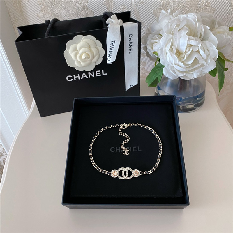 Ch**el leather through chain double c gemstone necklace