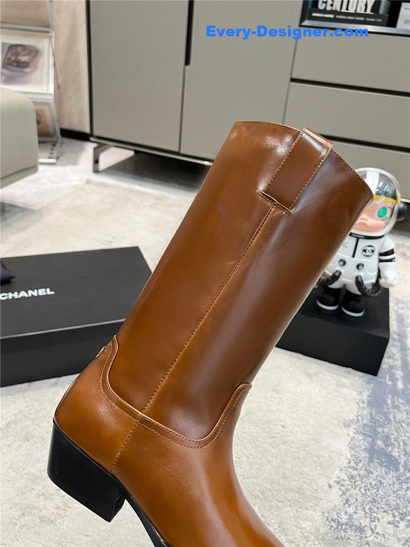 Ch**el brown calfskin pointed toe mid boots