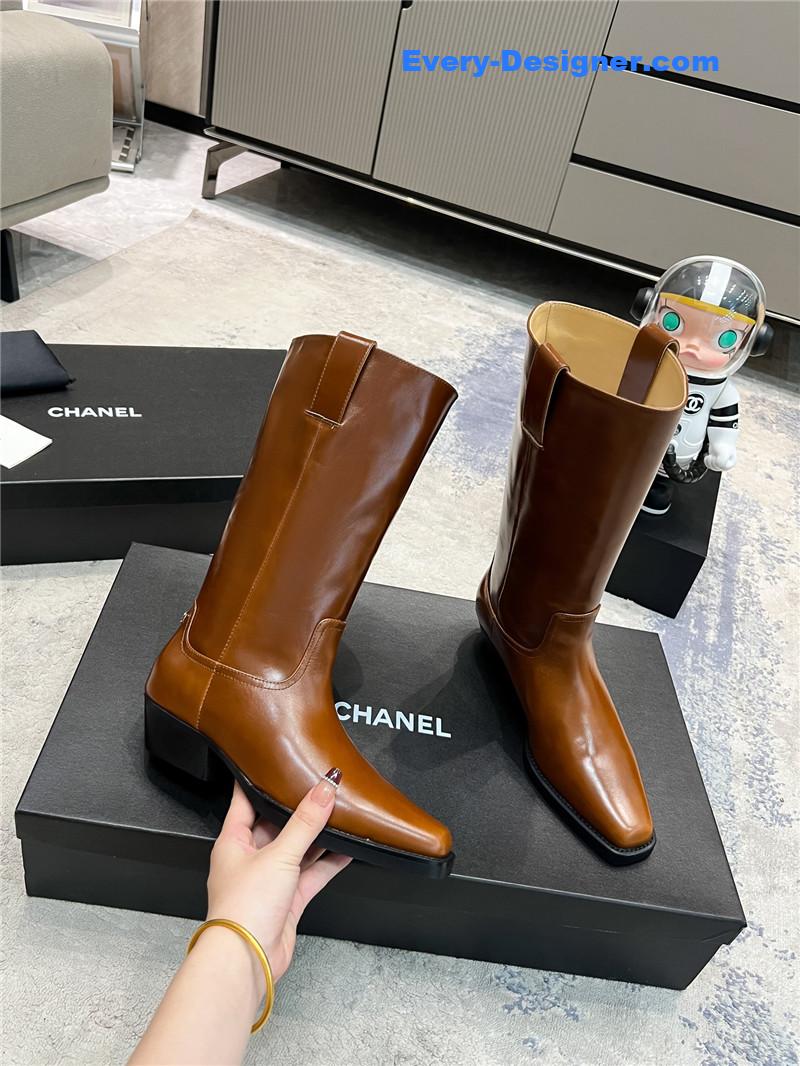 Ch**el brown calfskin pointed toe mid boots