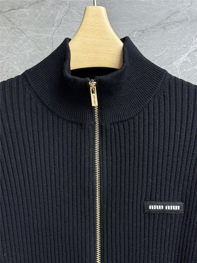 Miu Miu Crop Zipper Rib Wool Cardigan Black