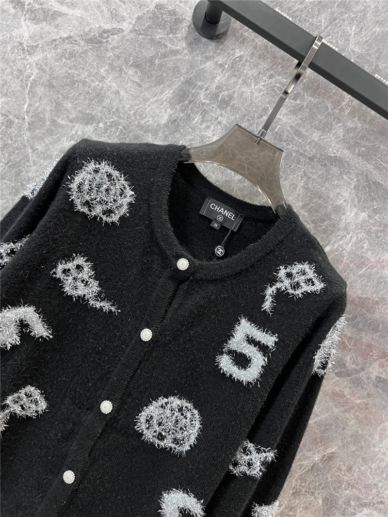 Ch**el crew-neck camellia jacquard cardigan black