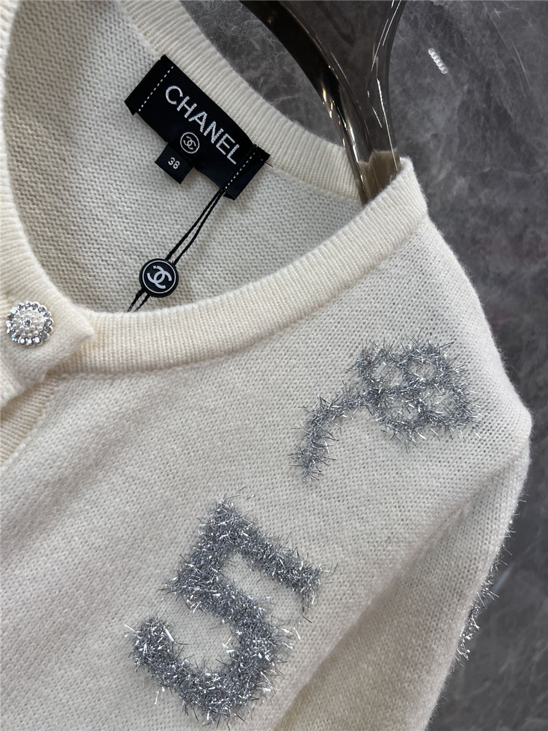 Ch**el crew-neck camellia jacquard cardigan in white