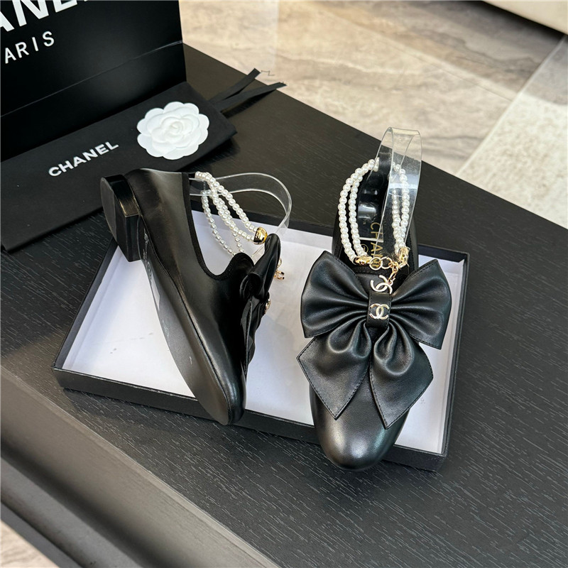 Ch**el bow pearl ankle mary jane flats black calfskin