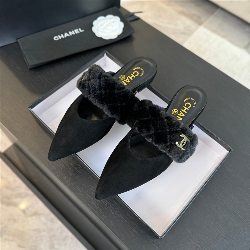 Ch**el fur strap pointed flat mule black suede