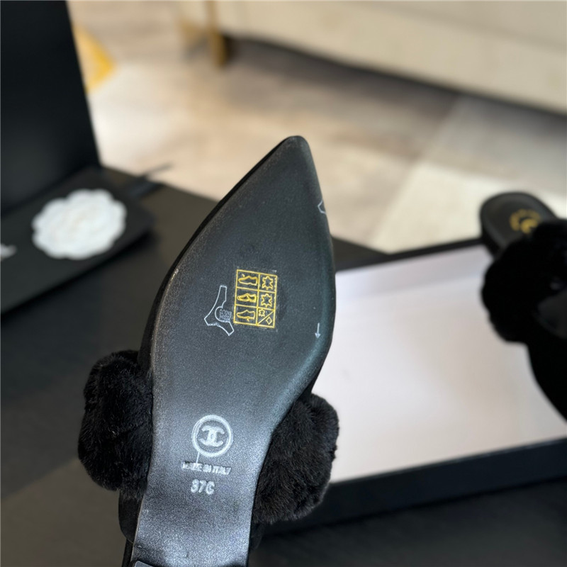 Ch**el fur strap pointed flat mule black suede