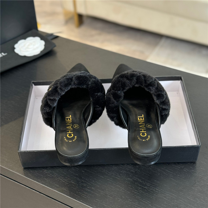 Ch**el fur strap pointed flat mule black suede