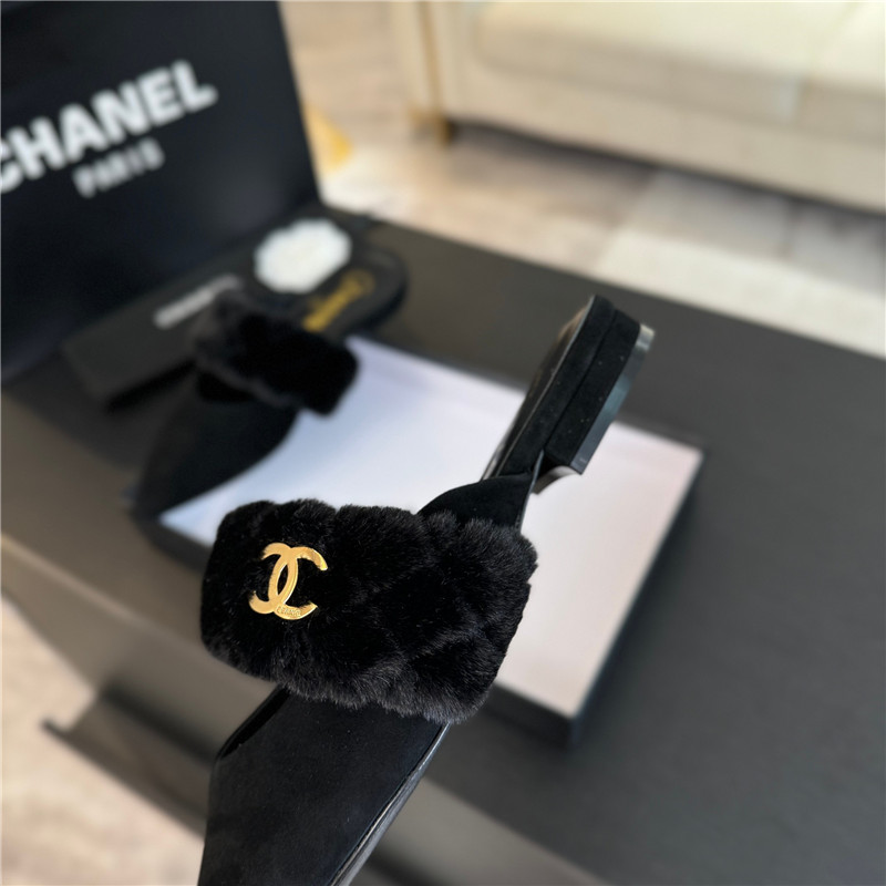 Ch**el fur strap pointed flat mule black suede