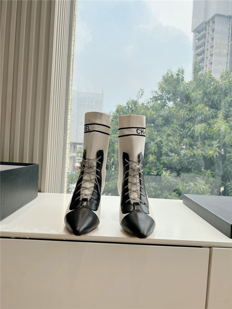 Ch**el white calfskin knit lace-up ankle boots