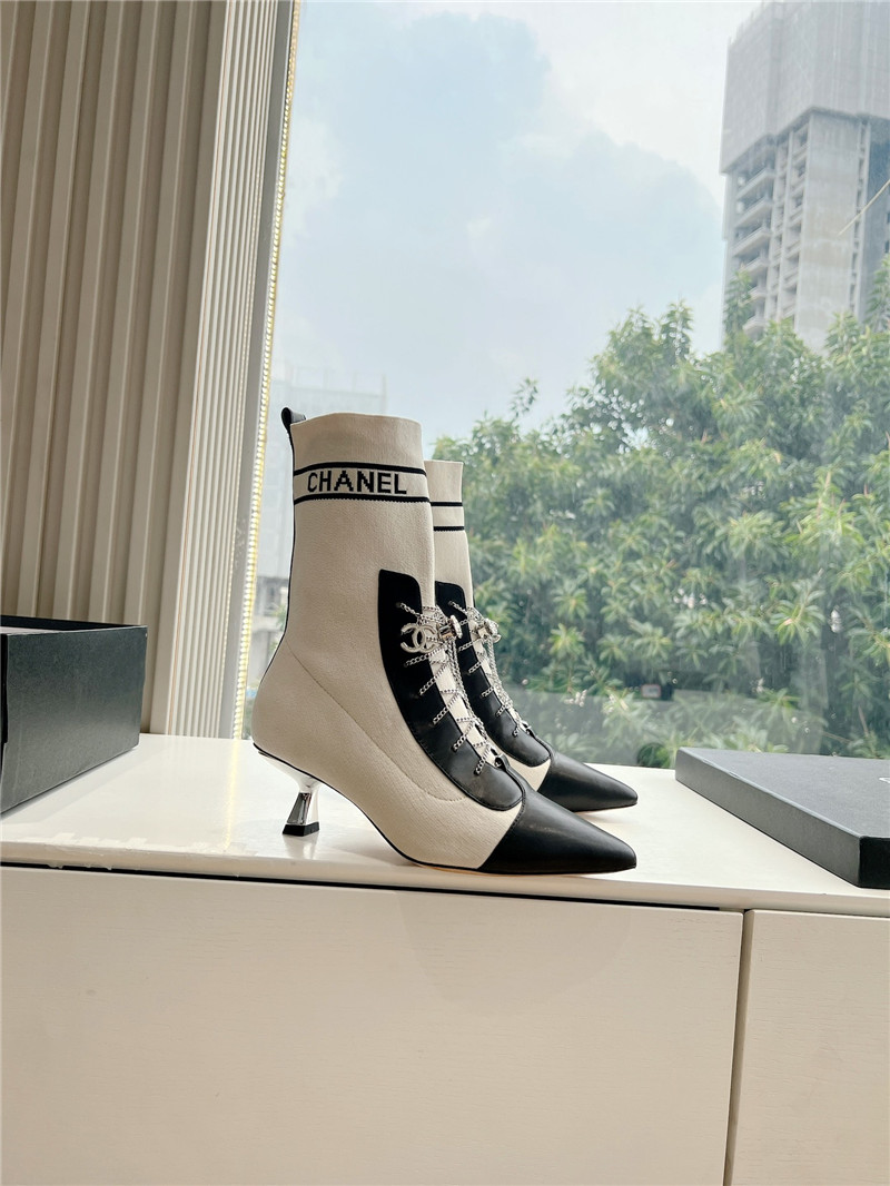 Ch**el white calfskin knit lace-up ankle boots