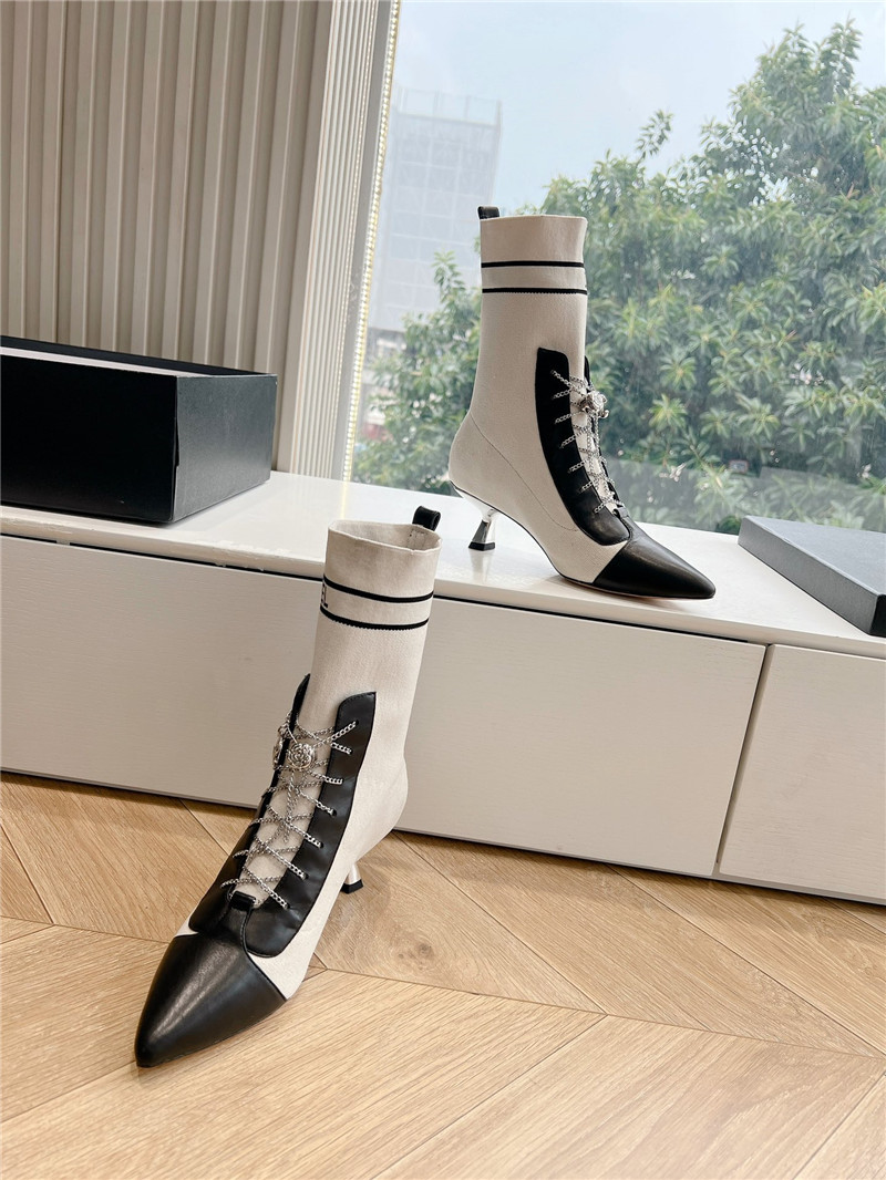 Ch**el white calfskin knit lace-up ankle boots