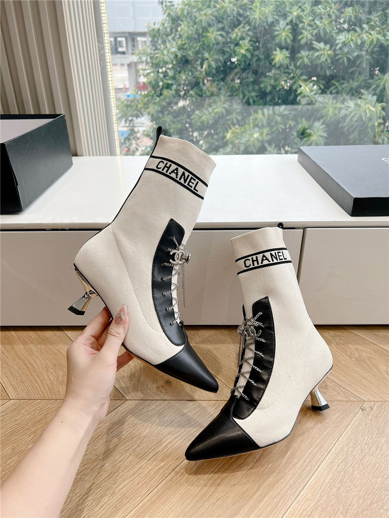 Ch**el white calfskin knit lace-up ankle boots
