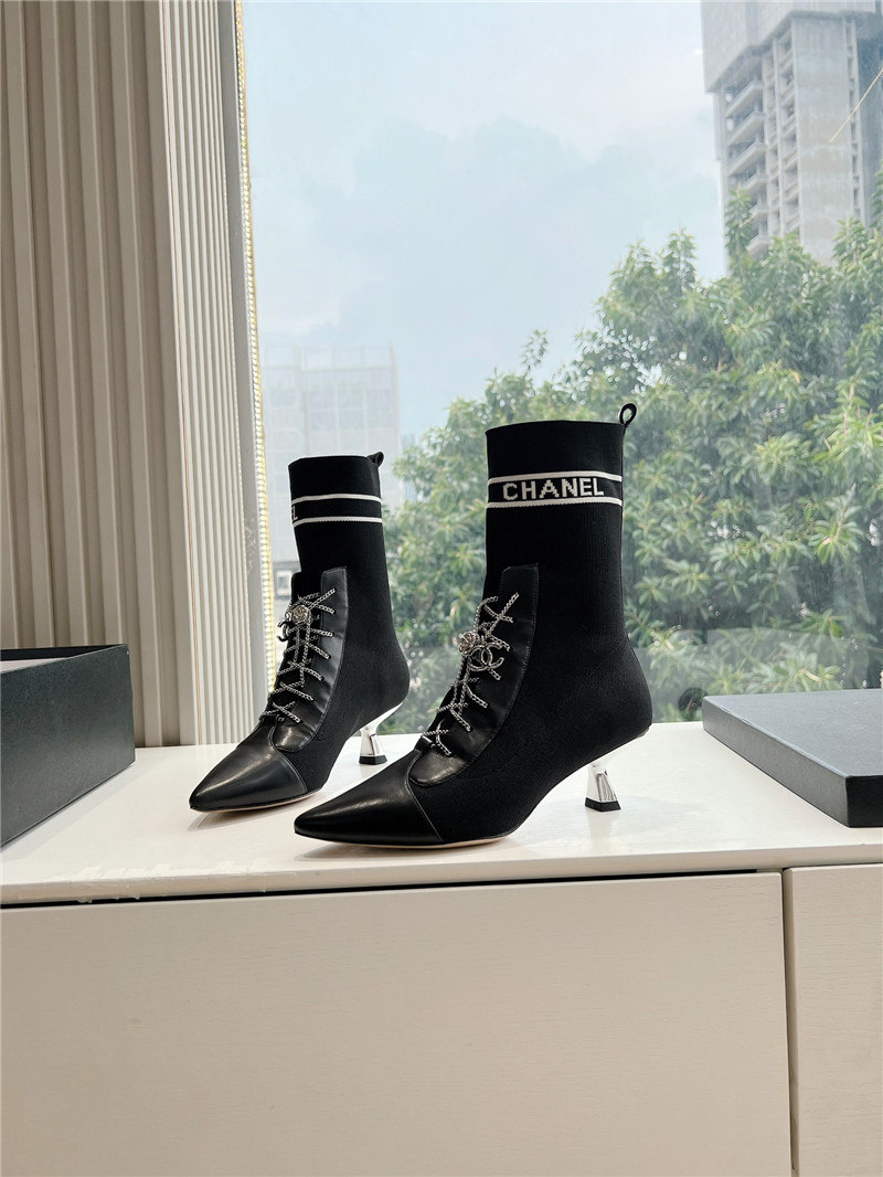 Ch**el pointed toe calfskin knit lace-up ankle boots