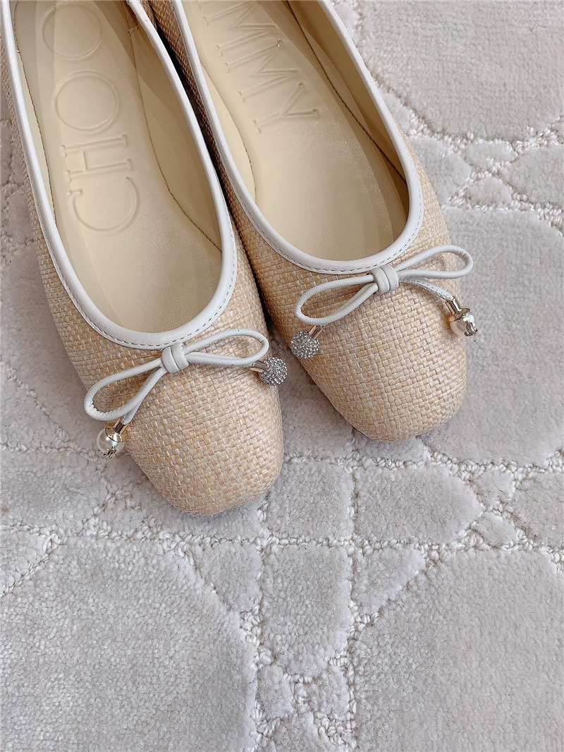 J1m*y Ch00 elme flats in beige canvas & latte raffia