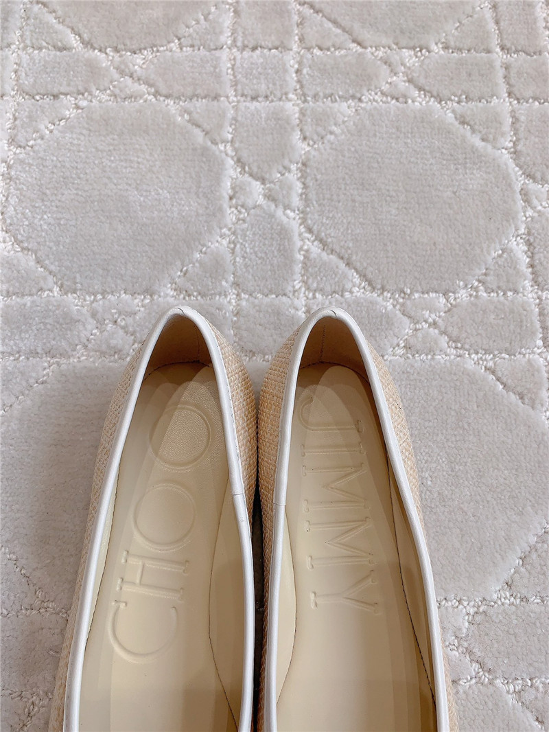 J1m*y Ch00 elme flats in beige canvas & latte raffia