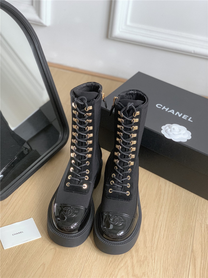 Ch**el nylon suede patent calfskin lace-up boots