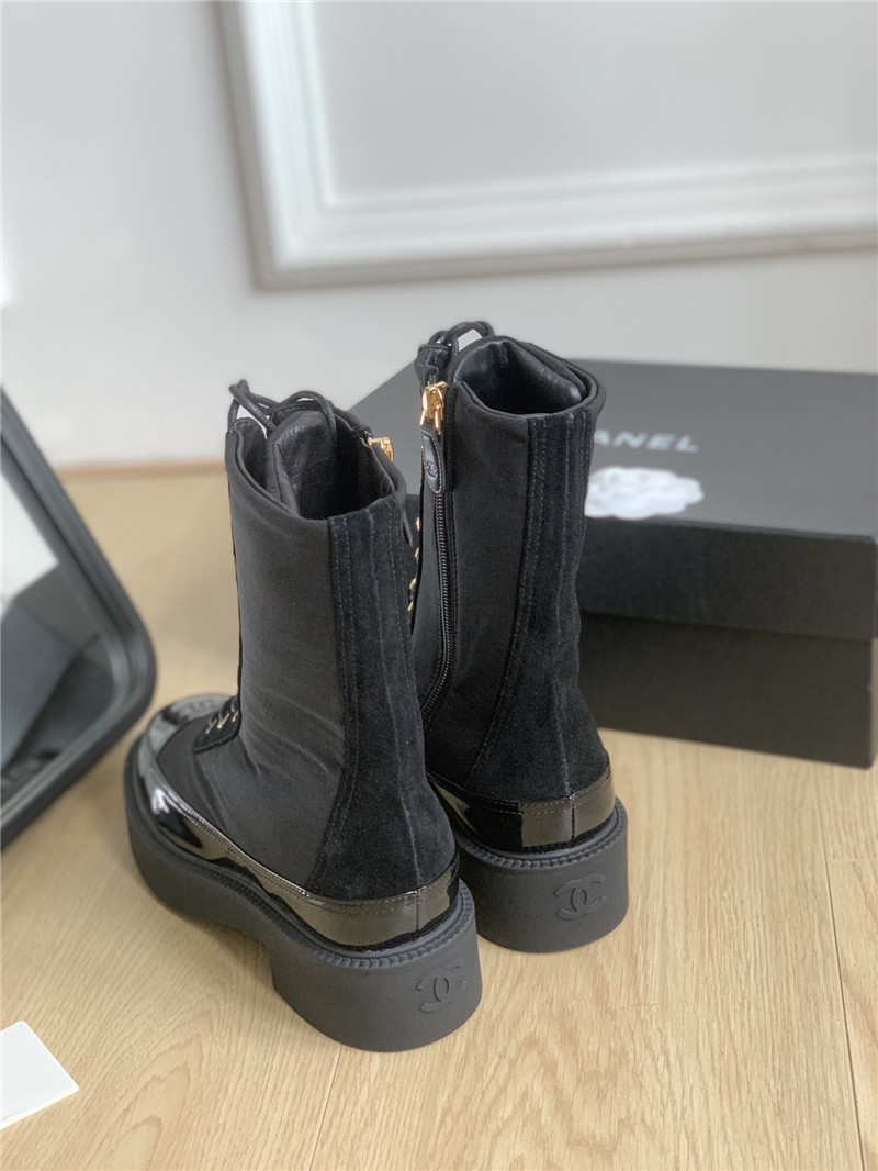 Ch**el nylon suede patent calfskin lace-up boots