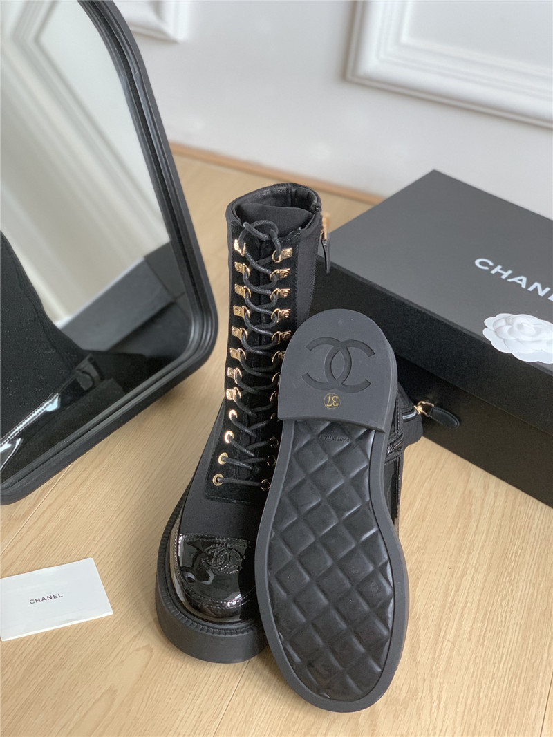 Ch**el nylon suede patent calfskin lace-up boots