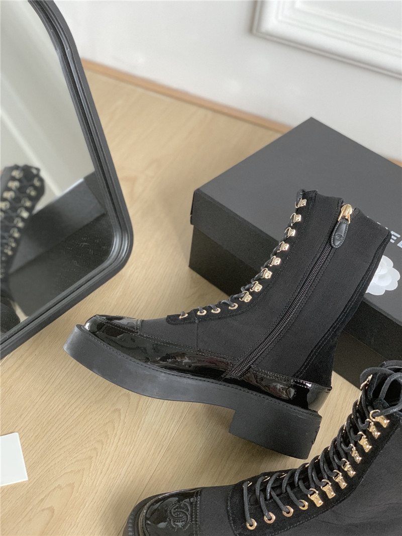 Ch**el nylon suede patent calfskin lace-up boots