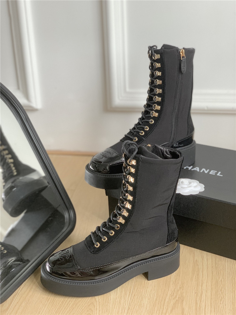 Ch**el nylon suede patent calfskin lace-up boots