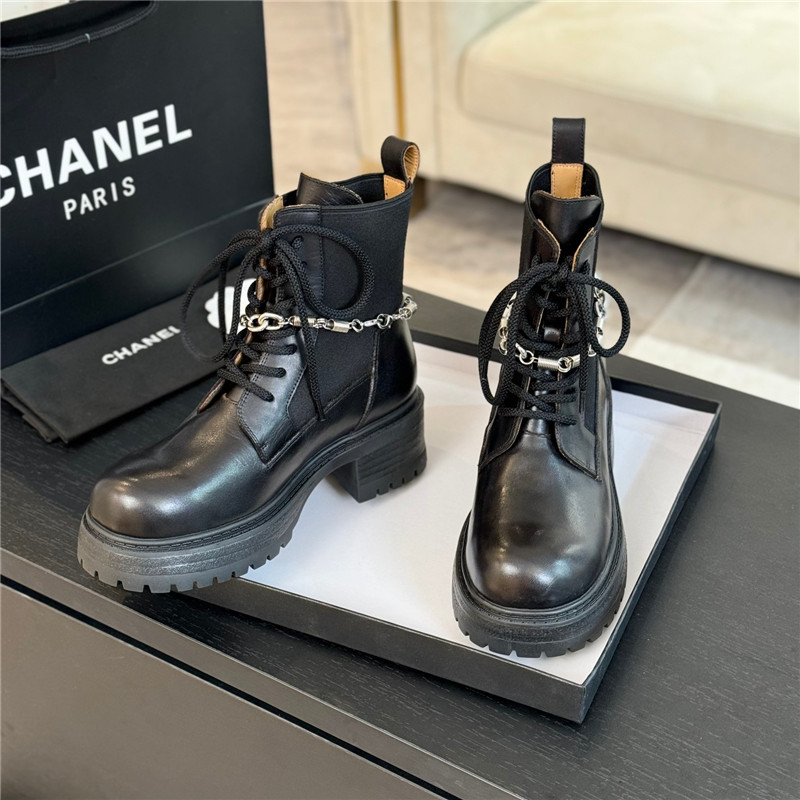 Ch**el black calfskin chain lace-up boots