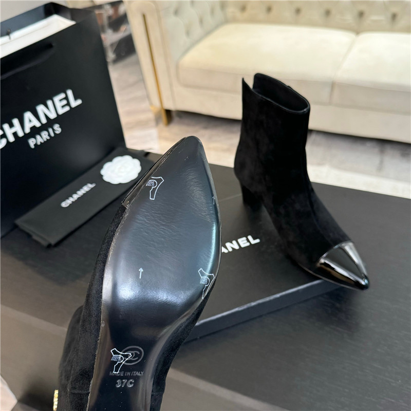 Ch**el black suede block heel ankle boots