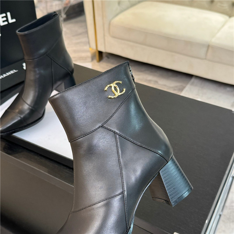 Ch**el black calfskin block heel ankle boots