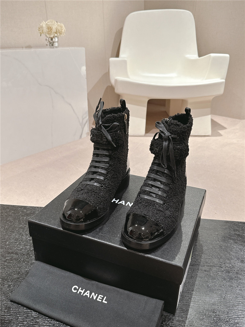Ch**el patent leather black wool lace-up boot