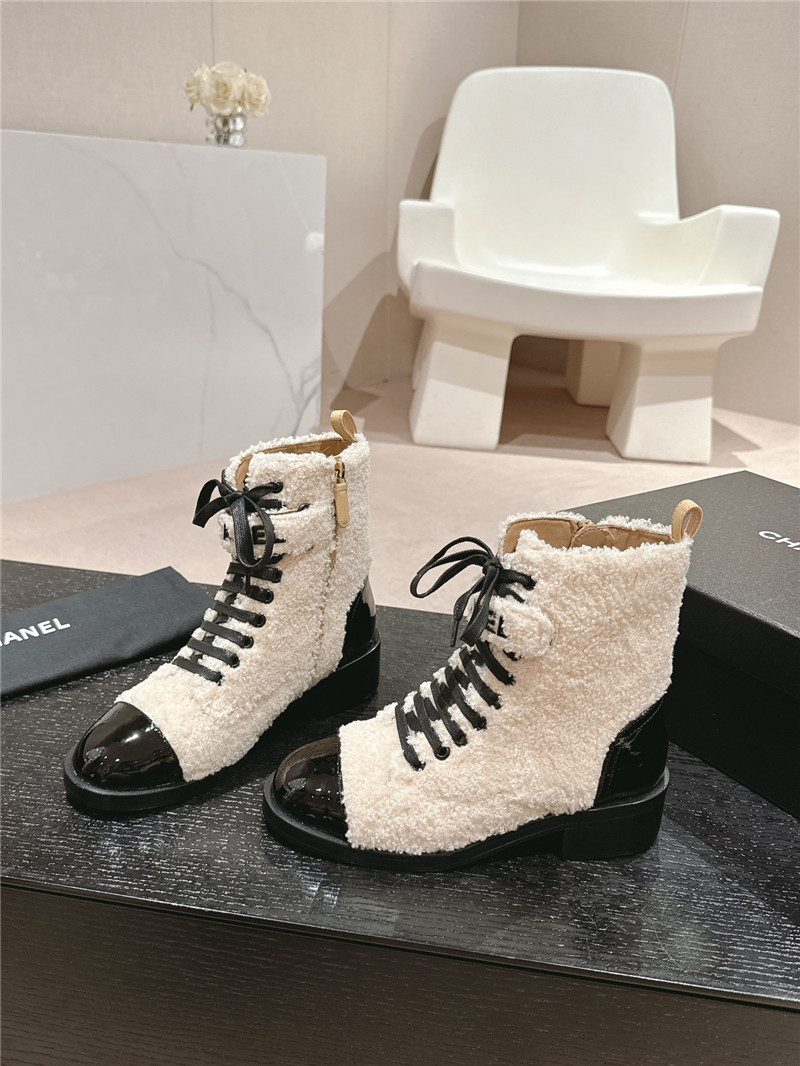 Ch**el patent leather wool lace-up boot for women