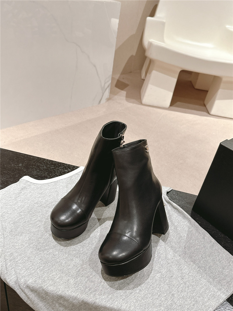Ch**el platform calfskin block heel ankle boots for women