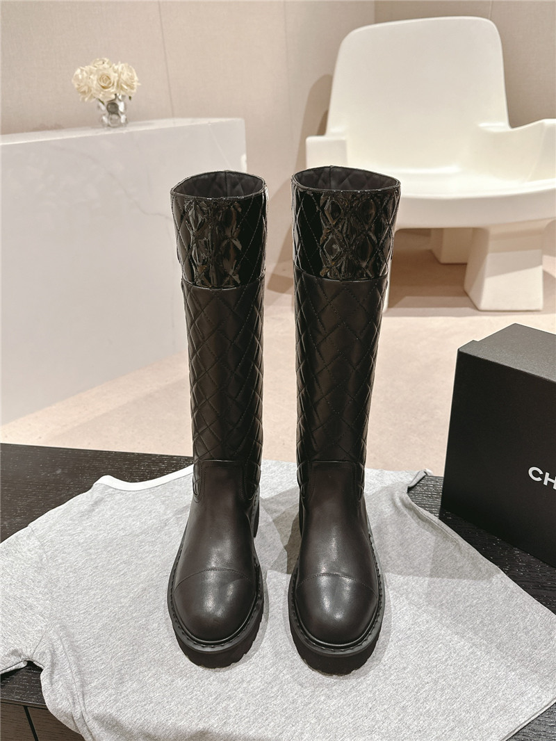Ch**el logo black quilted knee-high boots